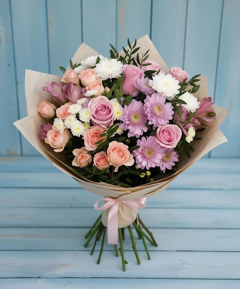 Букет цветов из: Хризантемы, Розы и Альстромерии в Вязовой
