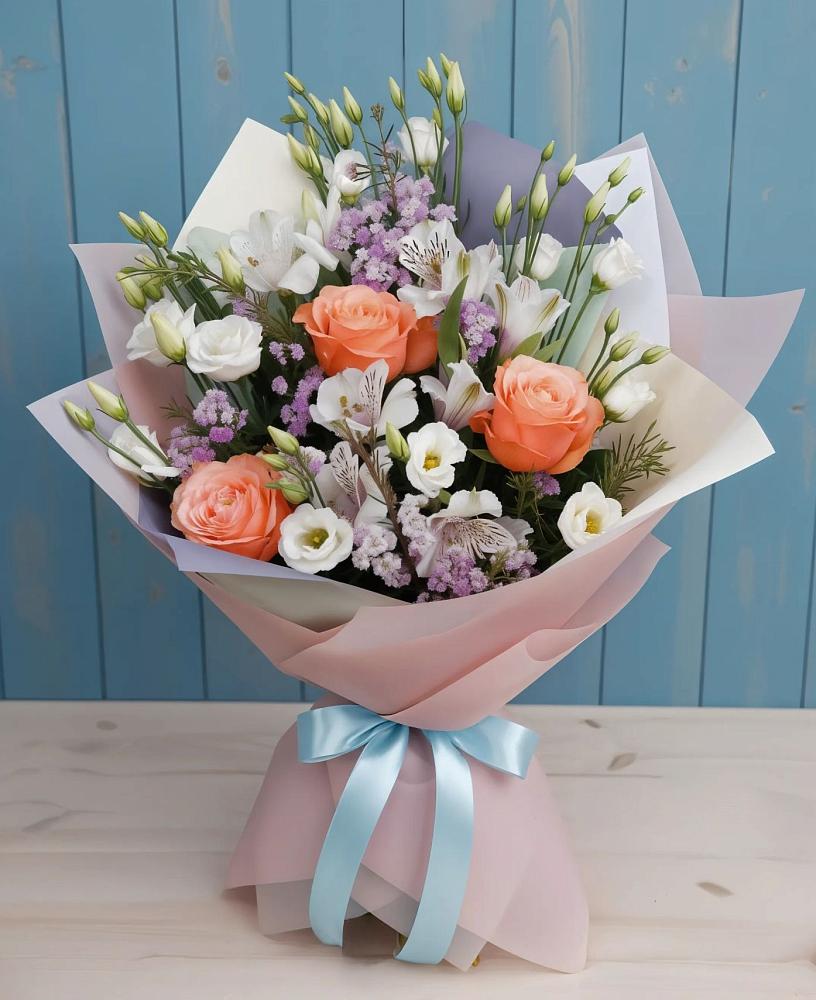 Букет цветов из: Лизиантусы, Розы, Альстромерии и Гипсофила в Вязовой