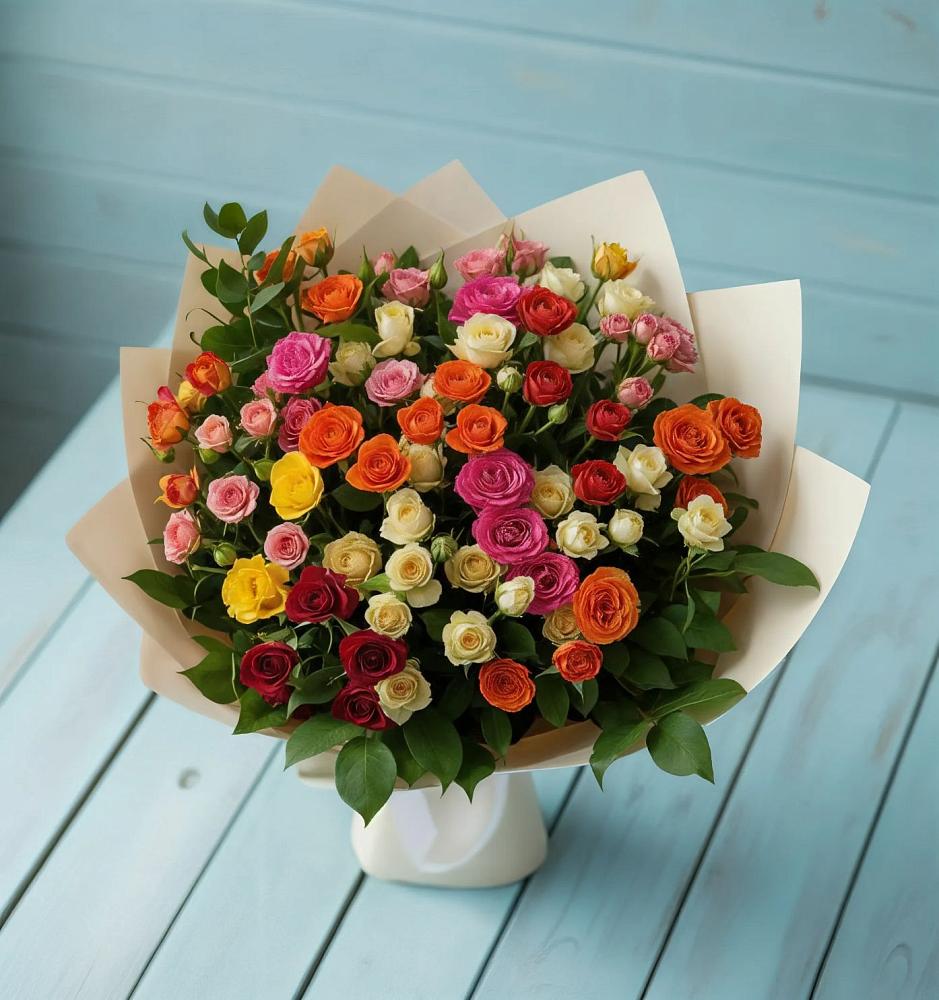 Букет Микс из разноцветных кустовых роз в Вязовой