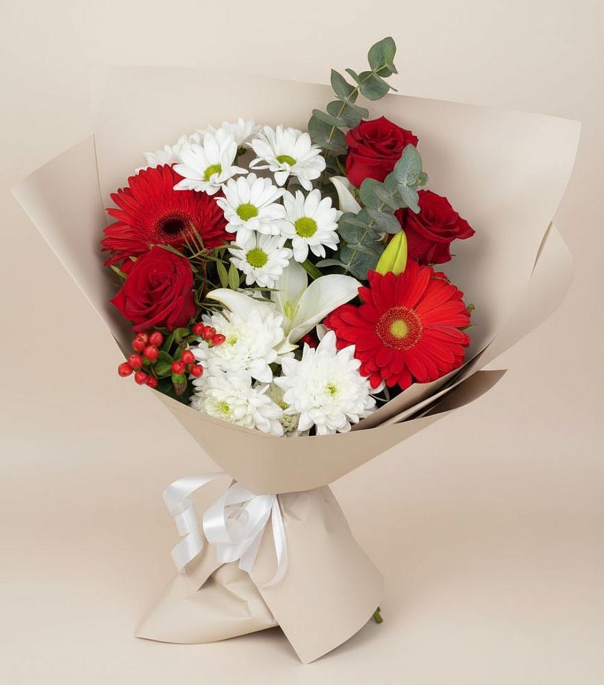 Букет цветов из: Розы, Хризантемы, Герберы и Лилии в Вязовой