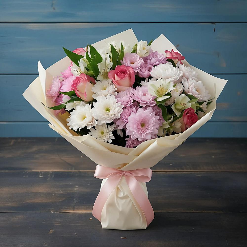 Букет цветов из: Хризантемы, Альстромерии и Розы в Вязовой